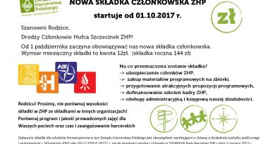 NOWA SKŁADKA CZŁONKOWSKA ZHP startuje od 01.10.2017 NOWA SKŁADKA CZŁONKOWSKA ZHP startuje od 01.10.2017